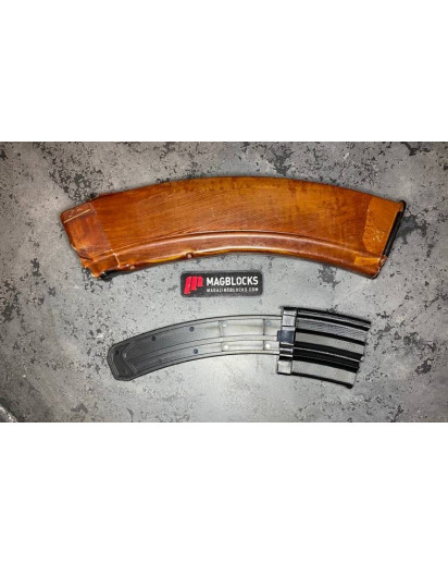 Bakelite AK-74 10/45 w/Adapter. Easily installs in seconds. Just remove the floor plate and original locking plate and install into the mag. 