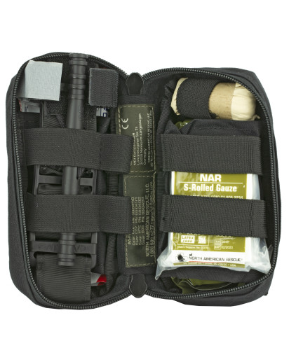 NAR M-FAK Mini First Aid Kit - w C-A-T tourniquet - Clam Shell open to show Tourniquet, ETD, gauze s-rolled, chest seal